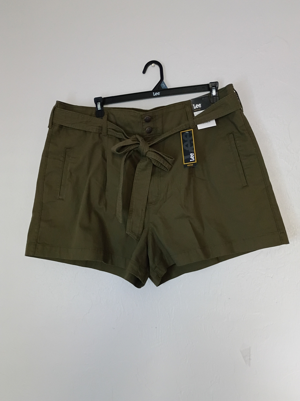 Lee Olive Green High-Waist Paperbag Tie Shorts